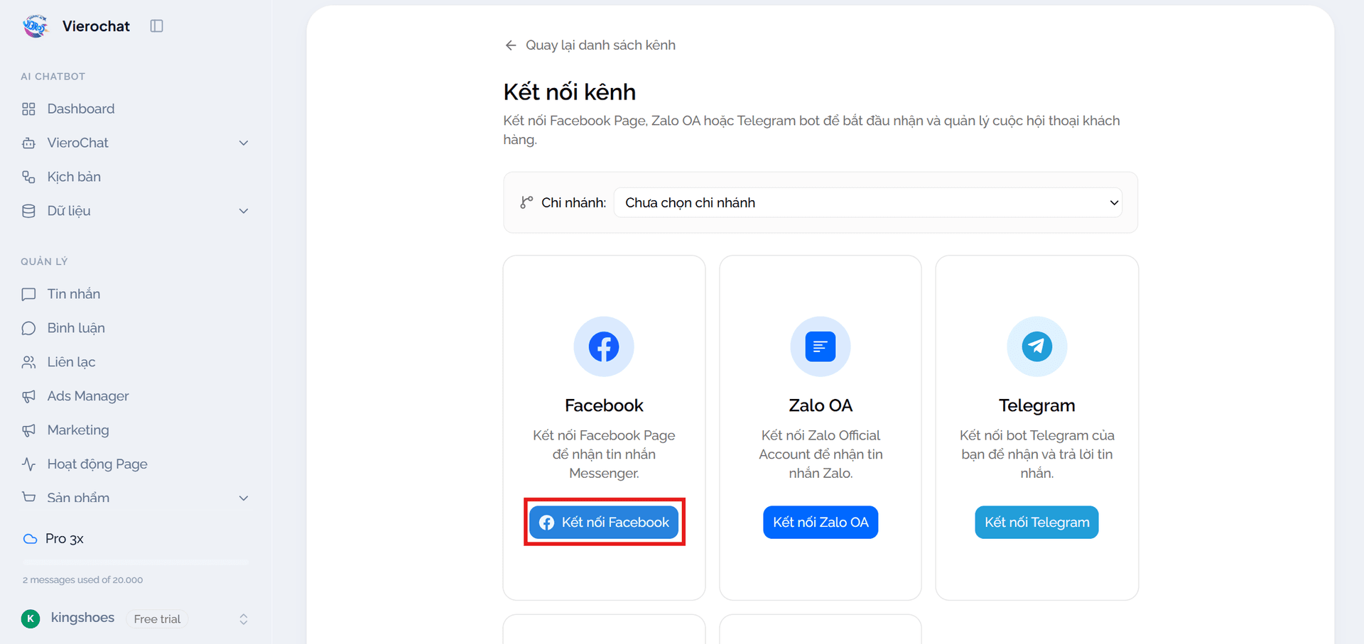 Kết nối Facebook bước 1