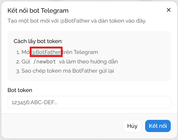 Click Kết nối Telegram