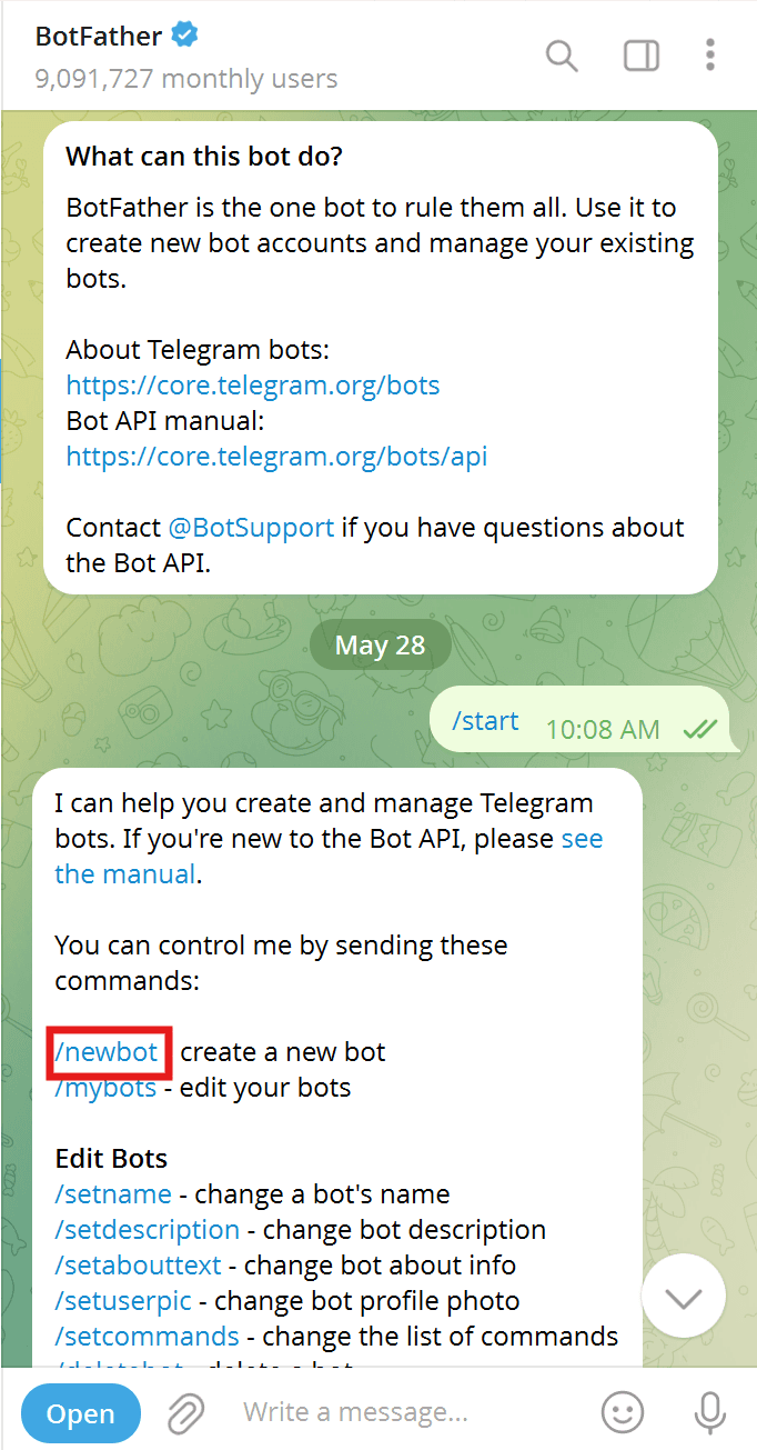 Chọn lệnh /newbot