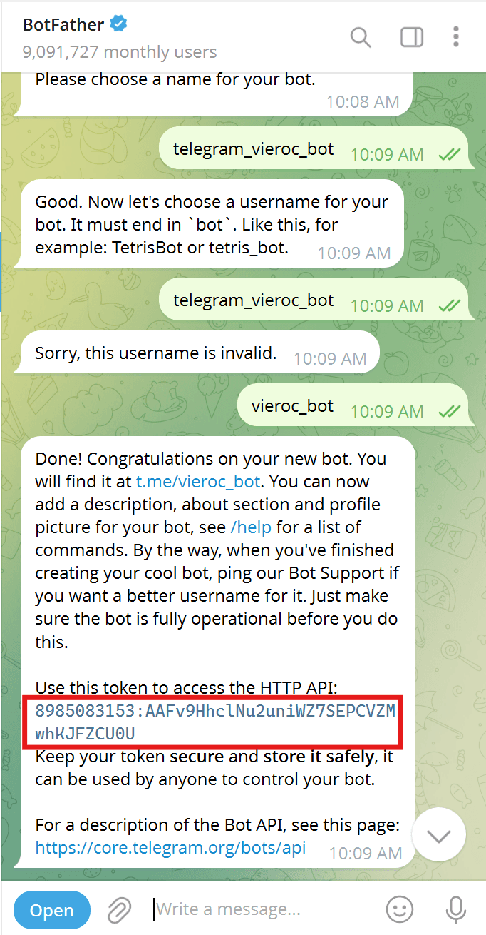 Bot token được tạo